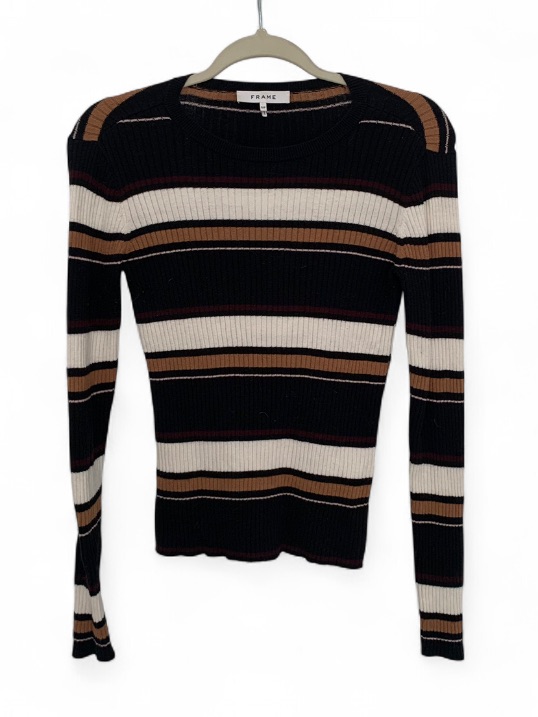 Frame Denim Black Cream Brown Striped Ribbed Knit Sweater